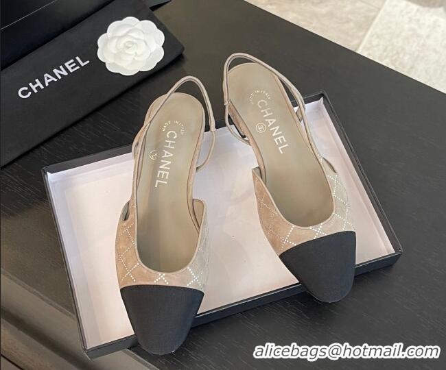 Buy Discount Chanel Quilted Suede & Grosgrain Slingbacks Flats with Studs G31319 Beige Grey 0103098