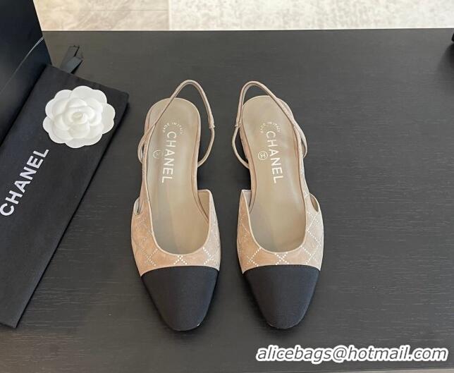 Buy Discount Chanel Quilted Suede & Grosgrain Slingbacks Flats with Studs G31319 Beige Grey 0103098