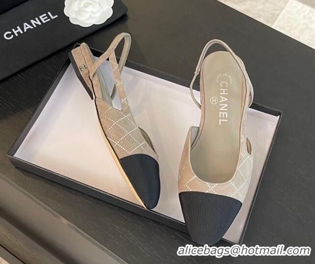 Buy Discount Chanel Quilted Suede & Grosgrain Slingbacks Flats with Studs G31319 Beige Grey 0103098