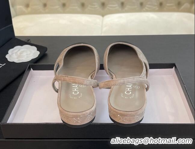 Buy Discount Chanel Quilted Suede & Grosgrain Slingbacks Flats with Studs G31319 Beige Grey 0103098