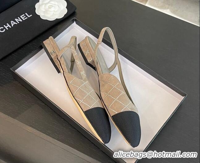 Buy Discount Chanel Quilted Suede & Grosgrain Slingbacks Flats with Studs G31319 Beige Grey 0103098