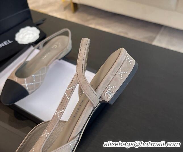 Buy Discount Chanel Quilted Suede & Grosgrain Slingbacks Flats with Studs G31319 Beige Grey 0103098