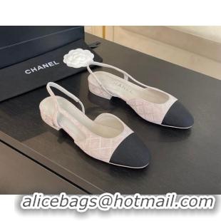 Top Grade Chanel Quilted Suede & Grosgrain Slingbacks Flats with Studs G31319 Light Grey 0103099