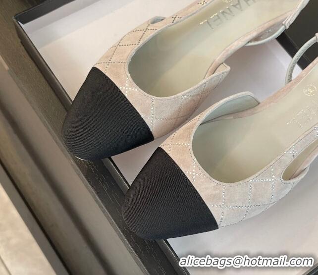 Top Grade Chanel Quilted Suede & Grosgrain Slingbacks Flats with Studs G31319 Light Grey 0103099