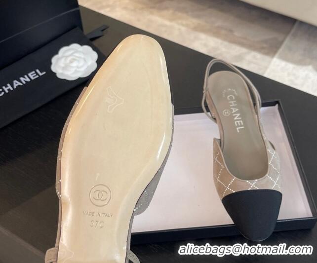 Top Grade Chanel Quilted Suede & Grosgrain Slingbacks Flats with Studs G31319 Light Grey 0103099