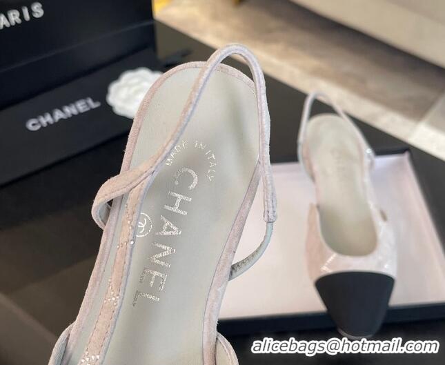 Top Grade Chanel Quilted Suede & Grosgrain Slingbacks Flats with Studs G31319 Light Grey 0103099