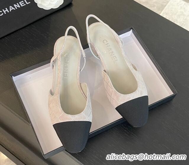 Top Grade Chanel Quilted Suede & Grosgrain Slingbacks Flats with Studs G31319 Light Grey 0103099