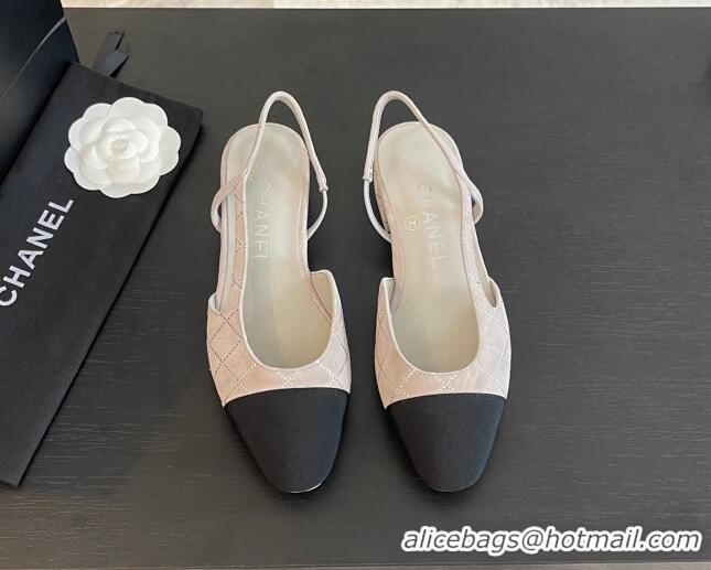 Top Grade Chanel Quilted Suede & Grosgrain Slingbacks Flats with Studs G31319 Light Grey 0103099