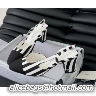 Good Looking Chanel Striped Fabric & Grosgrain Slingback Pumps 6.5cm with Studs G31318 Black/White 0103107