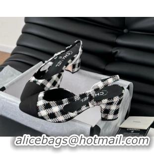 Purchase Chanel Check Fabric & Grosgrain Slingback Pumps 6.5cm with Studs G31318 Black/White 0103108