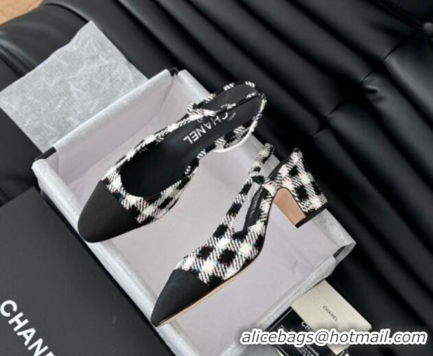 Purchase Chanel Check Fabric & Grosgrain Slingback Pumps 6.5cm with Studs G31318 Black/White 0103108