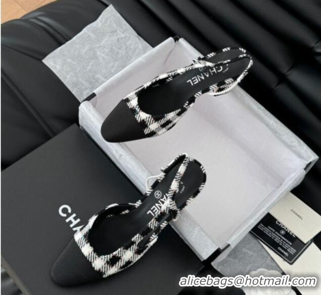 Purchase Chanel Check Fabric & Grosgrain Slingback Pumps 6.5cm with Studs G31318 Black/White 0103108