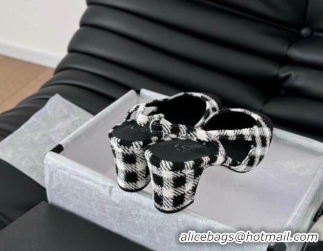 Purchase Chanel Check Fabric & Grosgrain Slingback Pumps 6.5cm with Studs G31318 Black/White 0103108