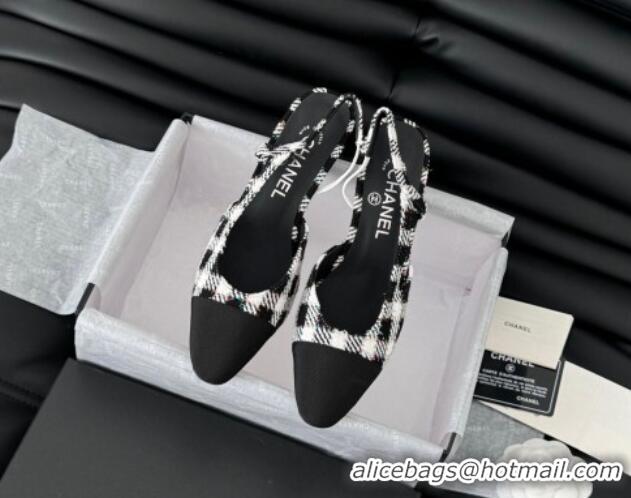 Purchase Chanel Check Fabric & Grosgrain Slingback Pumps 6.5cm with Studs G31318 Black/White 0103108