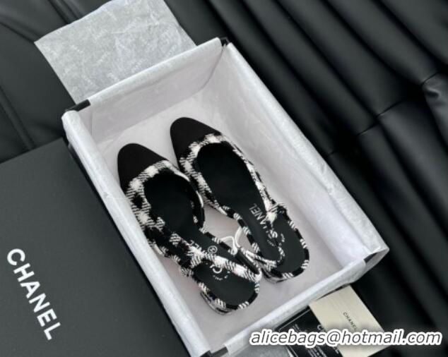 Purchase Chanel Check Fabric & Grosgrain Slingback Pumps 6.5cm with Studs G31318 Black/White 0103108