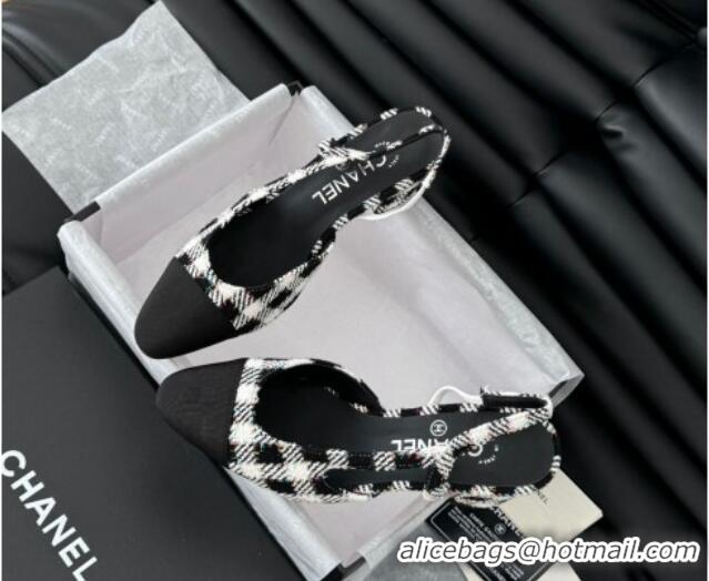 Purchase Chanel Check Fabric & Grosgrain Slingback Pumps 6.5cm with Studs G31318 Black/White 0103108