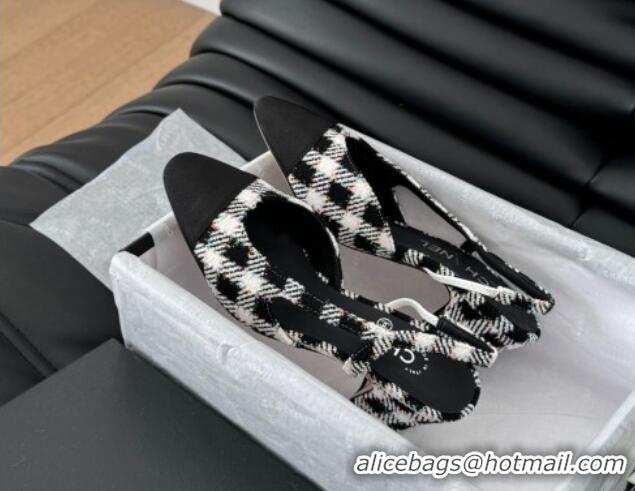 Purchase Chanel Check Fabric & Grosgrain Slingback Pumps 6.5cm with Studs G31318 Black/White 0103108