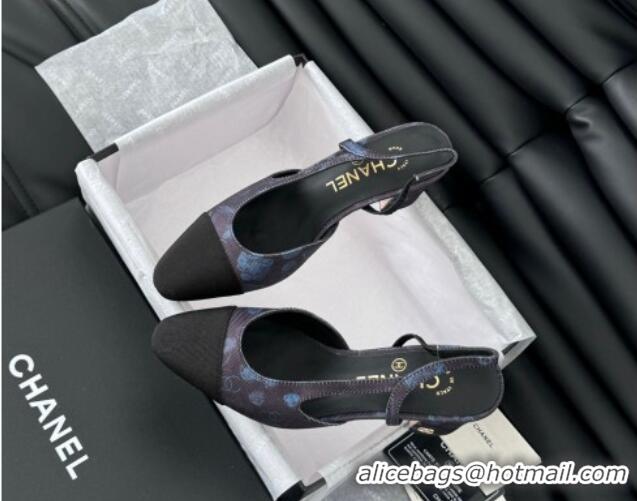 Shop Duplicate Chanel Printed Fabric & Grosgrain Slingback Pumps 6.5cm with Studs G31318 Black/Blue 0103109