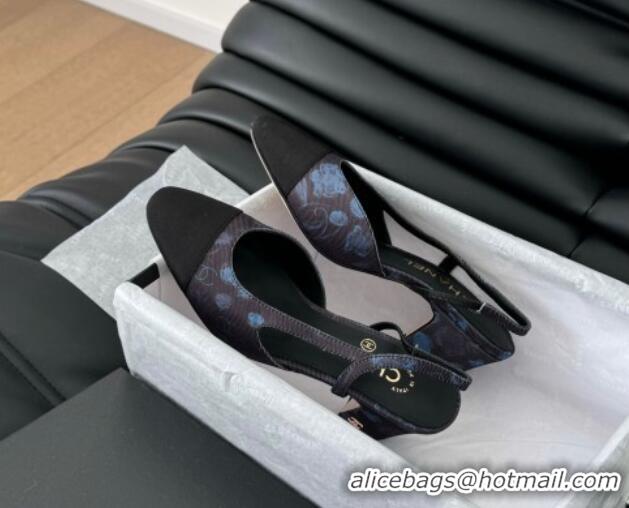 Shop Duplicate Chanel Printed Fabric & Grosgrain Slingback Pumps 6.5cm with Studs G31318 Black/Blue 0103109