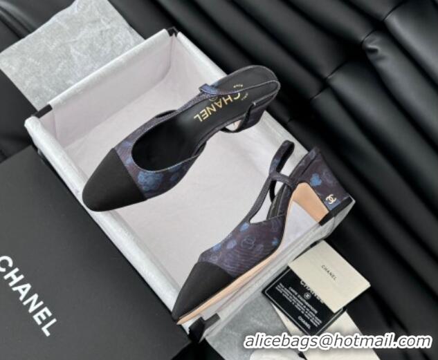 Shop Duplicate Chanel Printed Fabric & Grosgrain Slingback Pumps 6.5cm with Studs G31318 Black/Blue 0103109