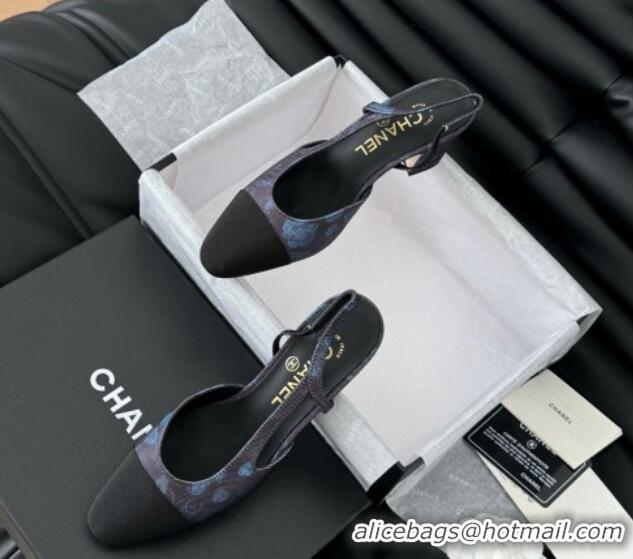 Shop Duplicate Chanel Printed Fabric & Grosgrain Slingback Pumps 6.5cm with Studs G31318 Black/Blue 0103109