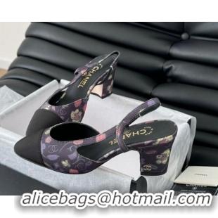 Grade Quality Chanel Printed Fabric & Grosgrain Slingback Pumps 6.5cm with Studs G31318 Black/Pink 0103110