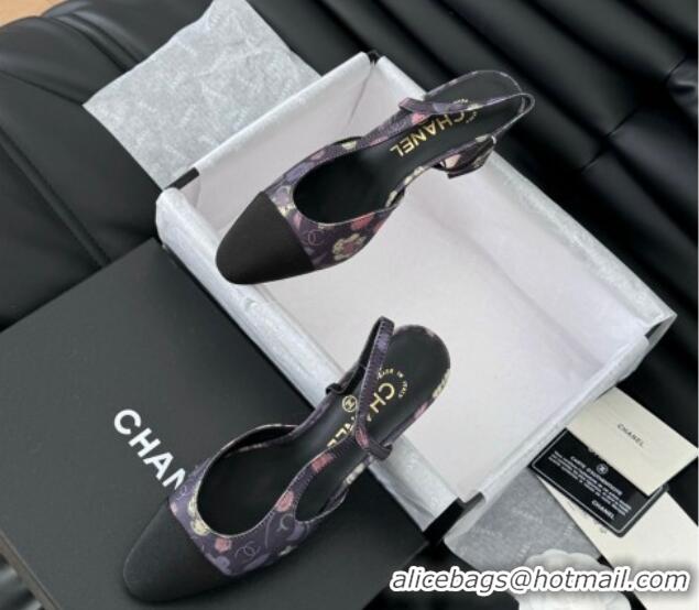 Grade Quality Chanel Printed Fabric & Grosgrain Slingback Pumps 6.5cm with Studs G31318 Black/Pink 0103110