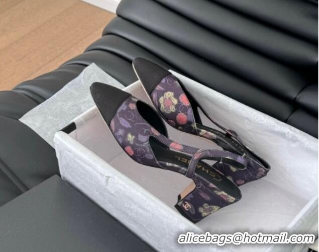 Grade Quality Chanel Printed Fabric & Grosgrain Slingback Pumps 6.5cm with Studs G31318 Black/Pink 0103110