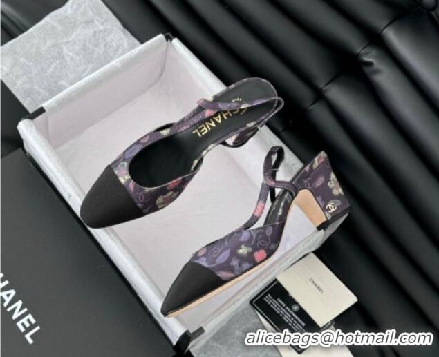 Grade Quality Chanel Printed Fabric & Grosgrain Slingback Pumps 6.5cm with Studs G31318 Black/Pink 0103110