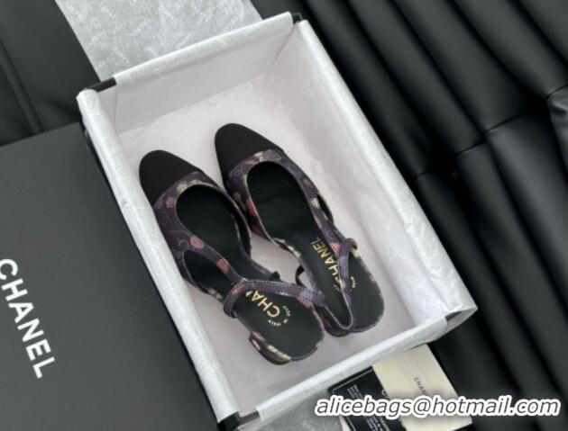 Grade Quality Chanel Printed Fabric & Grosgrain Slingback Pumps 6.5cm with Studs G31318 Black/Pink 0103110