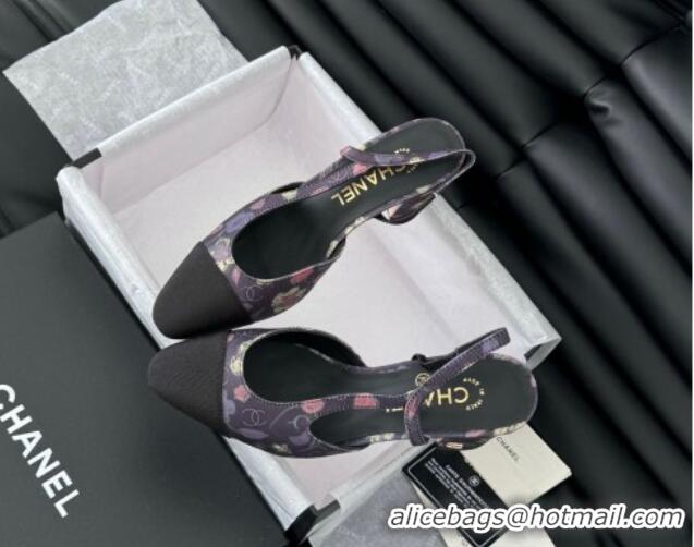 Grade Quality Chanel Printed Fabric & Grosgrain Slingback Pumps 6.5cm with Studs G31318 Black/Pink 0103110