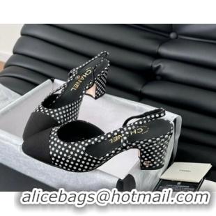 Low Price Chanel Dotted Calfskin & Grosgrain Slingback Pumps 6.5cm with Studs G31318 Black 0103111