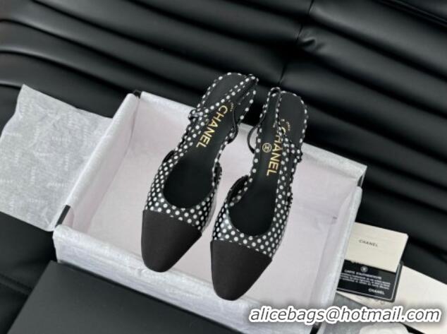 Low Price Chanel Dotted Calfskin & Grosgrain Slingback Pumps 6.5cm with Studs G31318 Black 0103111