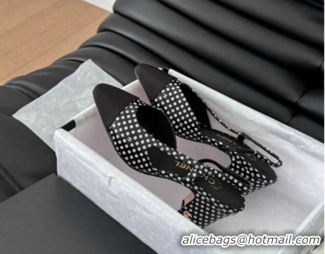 Low Price Chanel Dotted Calfskin & Grosgrain Slingback Pumps 6.5cm with Studs G31318 Black 0103111