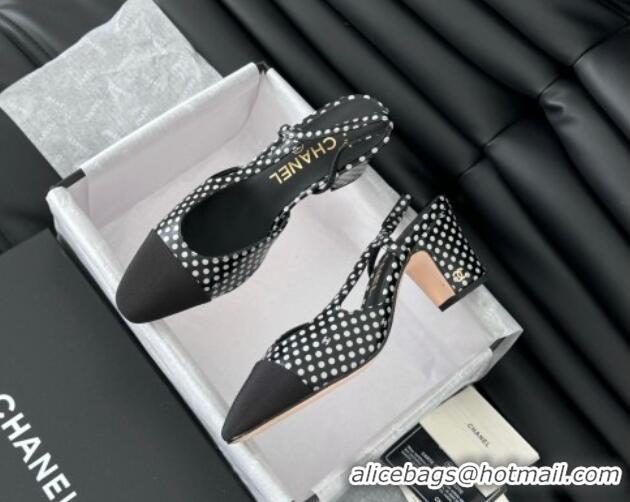 Low Price Chanel Dotted Calfskin & Grosgrain Slingback Pumps 6.5cm with Studs G31318 Black 0103111