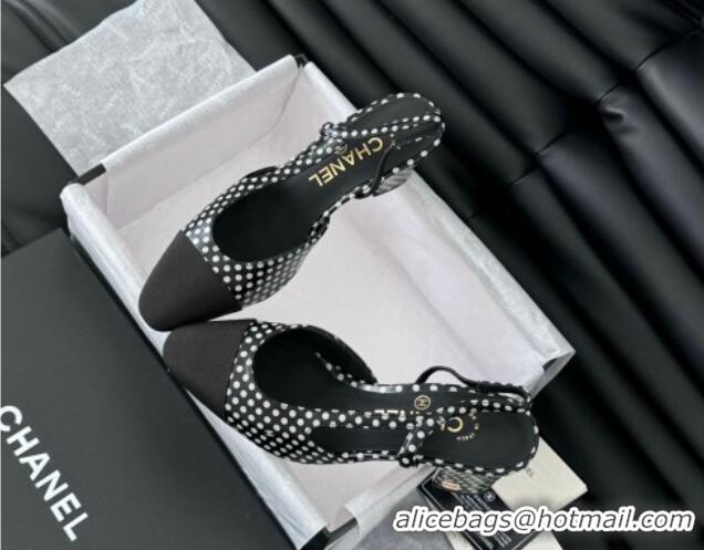 Low Price Chanel Dotted Calfskin & Grosgrain Slingback Pumps 6.5cm with Studs G31318 Black 0103111