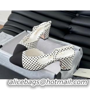 Durable Chanel Dotted Calfskin & Grosgrain Slingback Pumps 6.5cm with Studs G31318 White 0103112