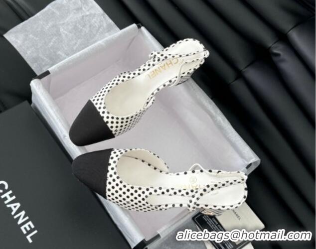 Durable Chanel Dotted Calfskin & Grosgrain Slingback Pumps 6.5cm with Studs G31318 White 0103112