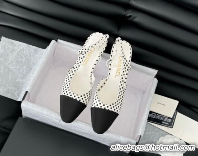 Durable Chanel Dotted Calfskin & Grosgrain Slingback Pumps 6.5cm with Studs G31318 White 0103112