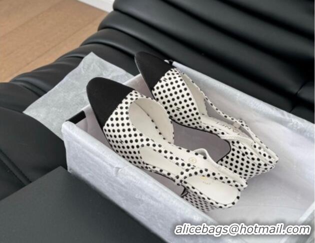 Durable Chanel Dotted Calfskin & Grosgrain Slingback Pumps 6.5cm with Studs G31318 White 0103112