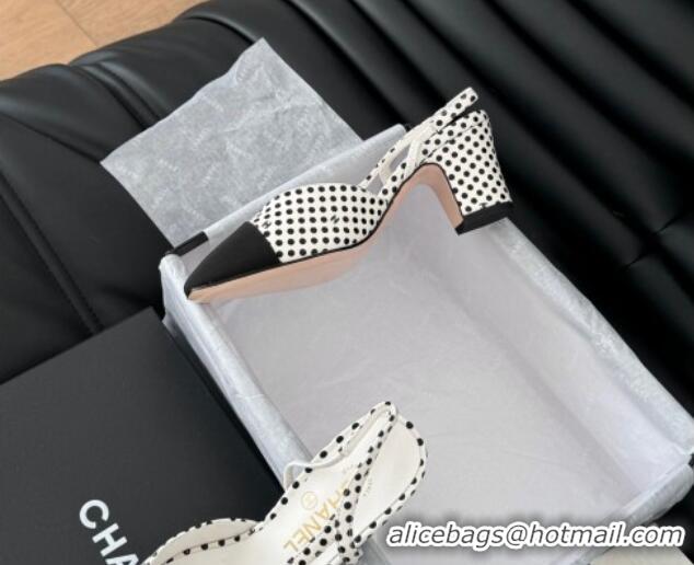 Durable Chanel Dotted Calfskin & Grosgrain Slingback Pumps 6.5cm with Studs G31318 White 0103112