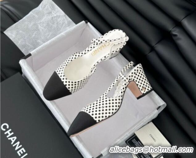 Durable Chanel Dotted Calfskin & Grosgrain Slingback Pumps 6.5cm with Studs G31318 White 0103112