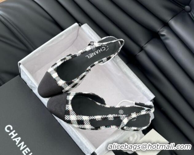 Duplicate Chanel Check Fabric & Grosgrain Slingbacks Flats G31319 Black/White 0103117