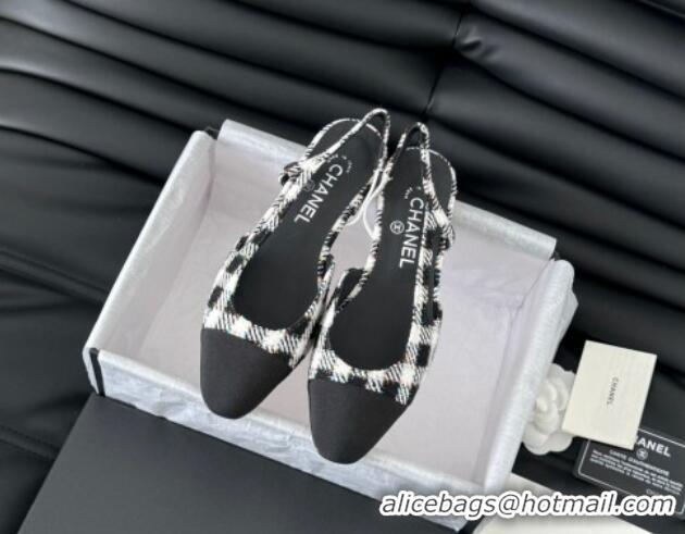 Duplicate Chanel Check Fabric & Grosgrain Slingbacks Flats G31319 Black/White 0103117