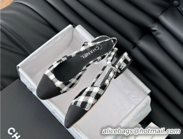 Duplicate Chanel Check Fabric & Grosgrain Slingbacks Flats G31319 Black/White 0103117