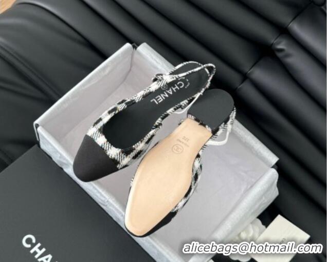 Duplicate Chanel Check Fabric & Grosgrain Slingbacks Flats G31319 Black/White 0103117