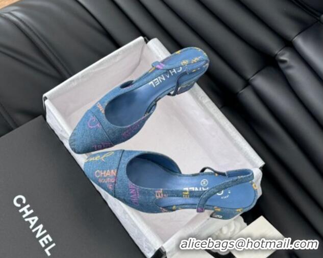 Stylish Chanel Printed Denim Slingback Pumps 6.5cm G31318 Blue 0103118