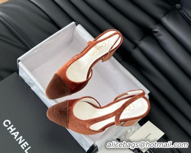 Discount Chanel Velvet & Grosgrain Slingback Pumps 9cm G45509 Light Brown 0103121