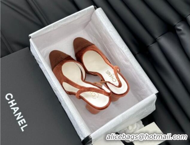 Discount Chanel Velvet & Grosgrain Slingback Pumps 9cm G45509 Light Brown 0103121