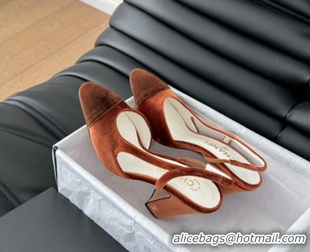 Discount Chanel Velvet & Grosgrain Slingback Pumps 9cm G45509 Light Brown 0103121